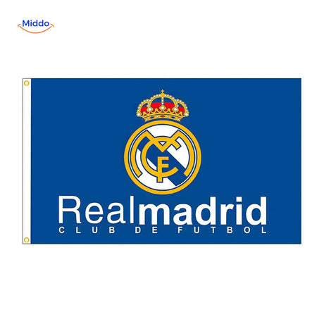 Real Madrid emblem flag in blue featuring the prestigious Spanish club crest.