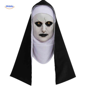 Realistic latex horror nun mask with authentic scary appearance.