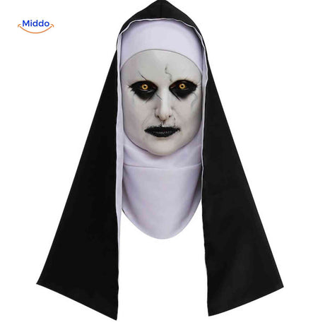Realistic latex horror nun mask with authentic scary appearance.