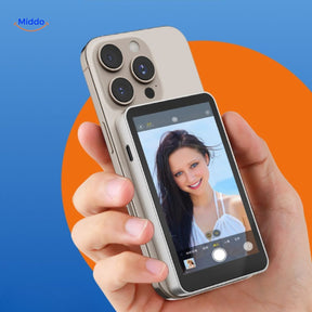 MagnoScreen rear display with live selfie preview on smartphone.