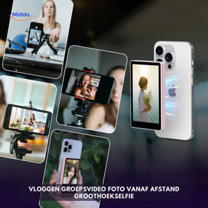 MagnoScreen secondary display for vlogging and group photo capture.