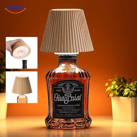 Rechargeable LED bottle lamp with dimmable ambient lighting for tables.