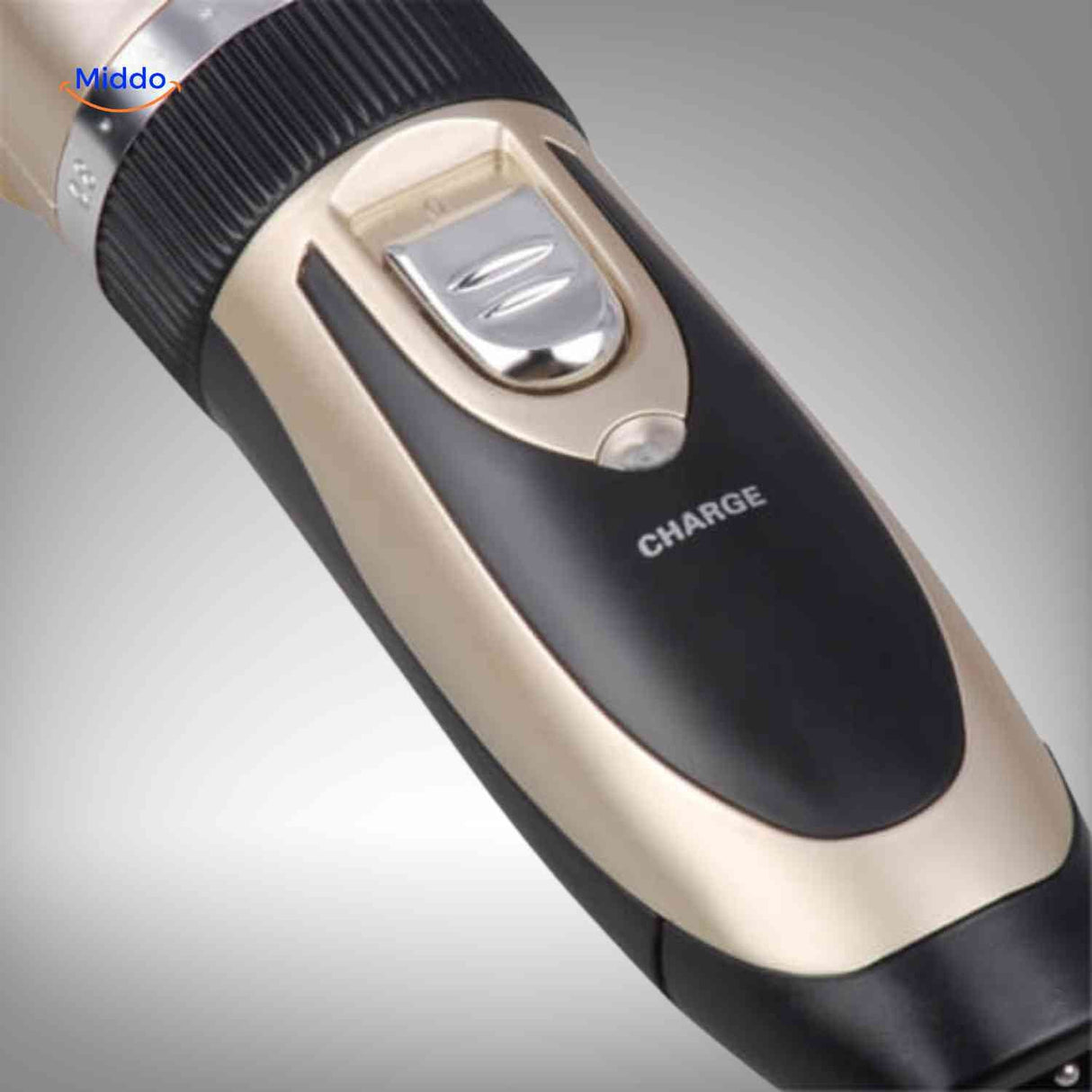 Rechargeable FurEase pet trimmer with LED battery indicator light.