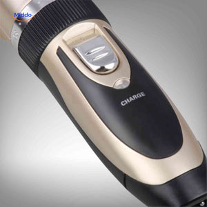 Rechargeable FurEase pet trimmer with LED battery indicator light.