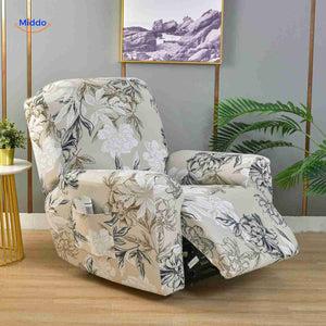 Reclinex recliner cover in beige with classic black and white flower pattern.