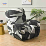 Reclinex recliner cover in black, white and gray geometric pattern.