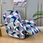 Reclinex recliner cover in blue and purple with geometric pattern.