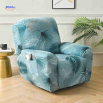 Reclinex stretch recliner cover in blue with tropical leaf design.