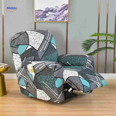 Reclinex stretch recliner cover in blue and white abstract pattern with turquoise accents.