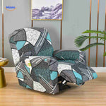Reclinex stretch recliner cover in blue and white abstract pattern with turquoise accents.