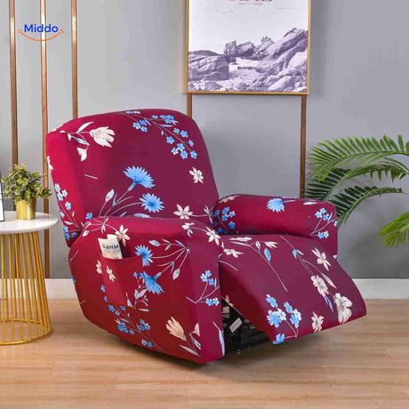 Reclinex recliner cover in burgundy with blue flower print romantic design.