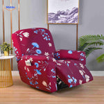 Reclinex recliner cover in burgundy with blue flower print romantic design.