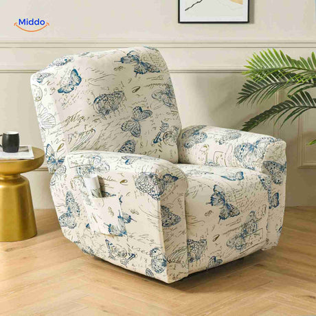 Reclinex recliner cover in cream with blue butterflies and script print.