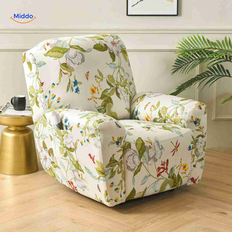 Reclinex recliner cover in light cream with subtle flower motif.