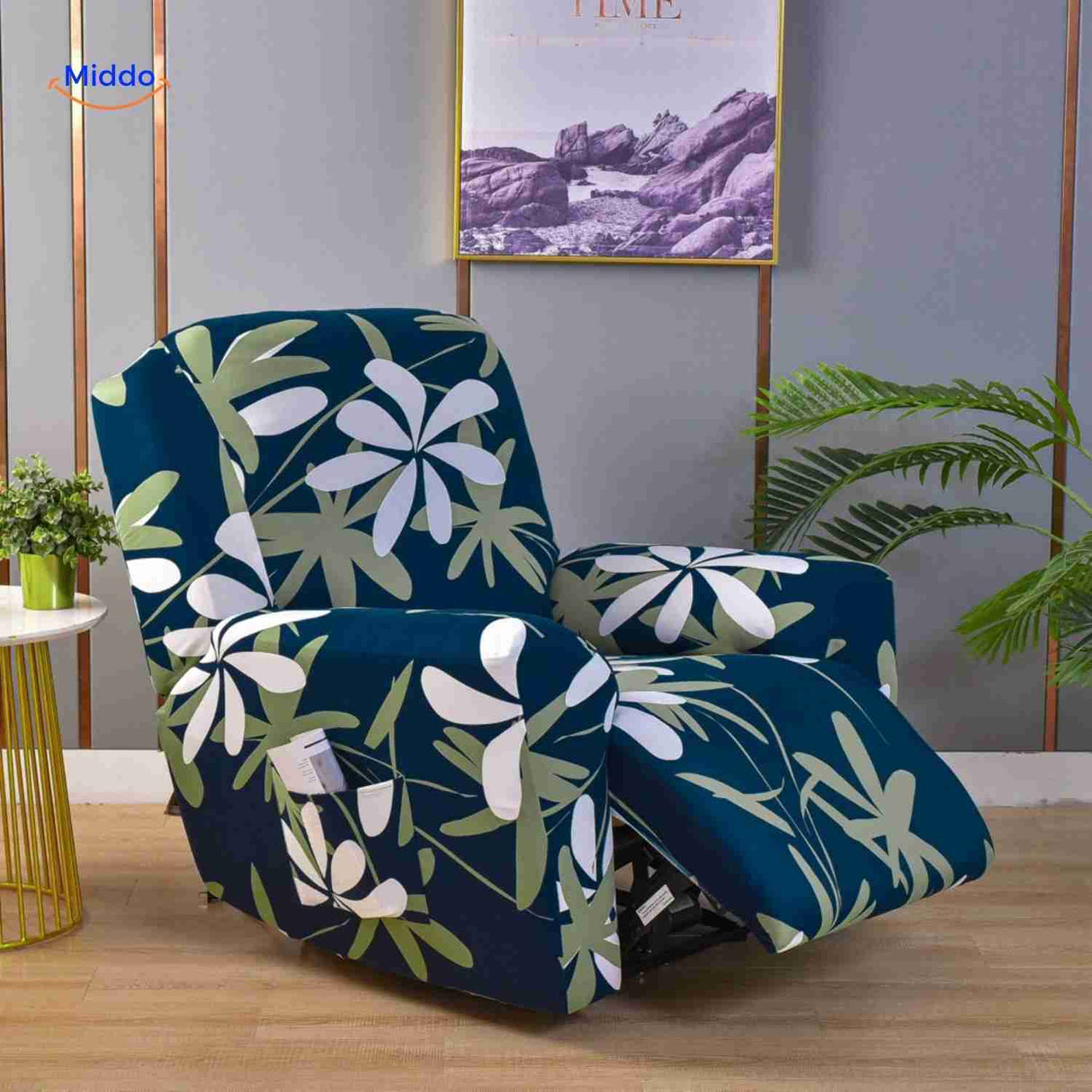 Reclinex recliner cover in dark blue with white and green botanical leaf.