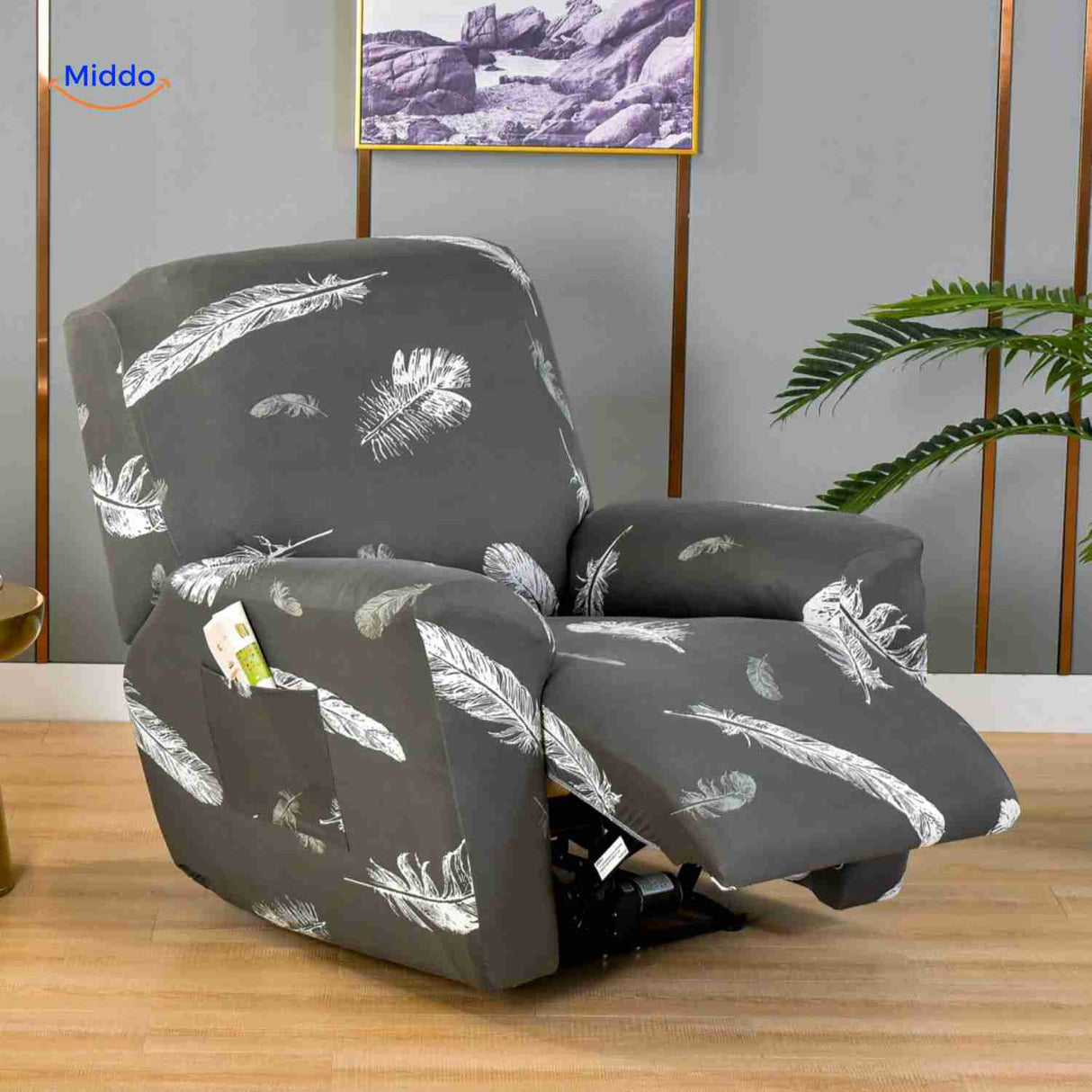 Reclinex recliner cover in dark gray with white feather motif design.