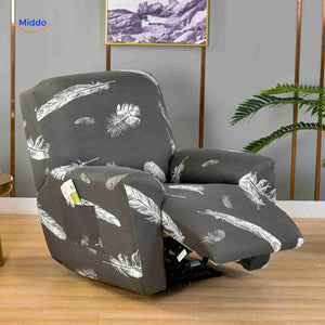 Reclinex recliner cover in dark gray with white feather motif design.