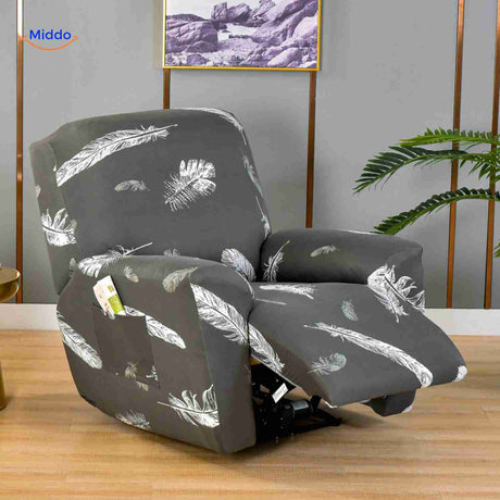 Reclinex recliner cover in dark gray with white feather motif design.
