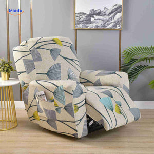 Reclinex recliner cover in light beige with blue and yellow ginkgo leaves.