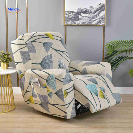 Reclinex recliner cover in light beige with blue and yellow ginkgo leaves.