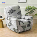 Reclinex recliner cover in light gray with fern leaf natural print.