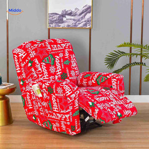 Reclinex recliner cover in red with festive holiday and Christmas motif.