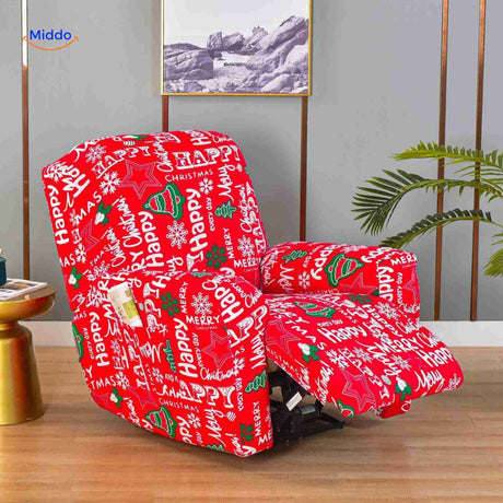 Reclinex recliner cover in red with festive holiday and Christmas motif.