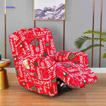 Reclinex recliner cover in red with festive holiday and Christmas motif.