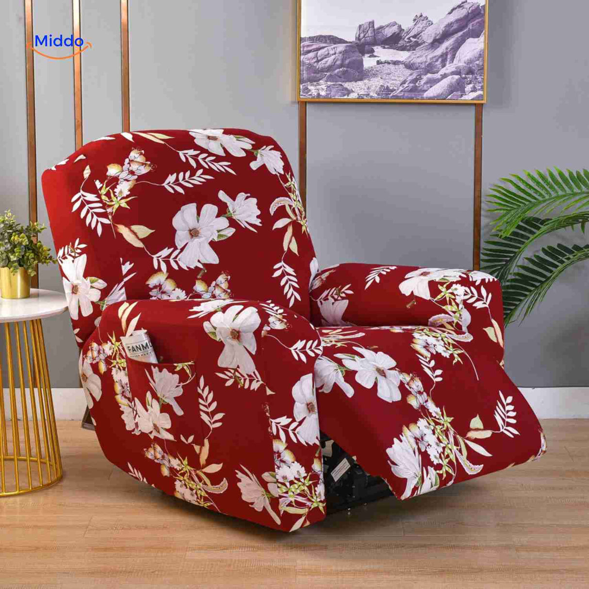 Reclinex recliner cover in red with white flower romantic design.