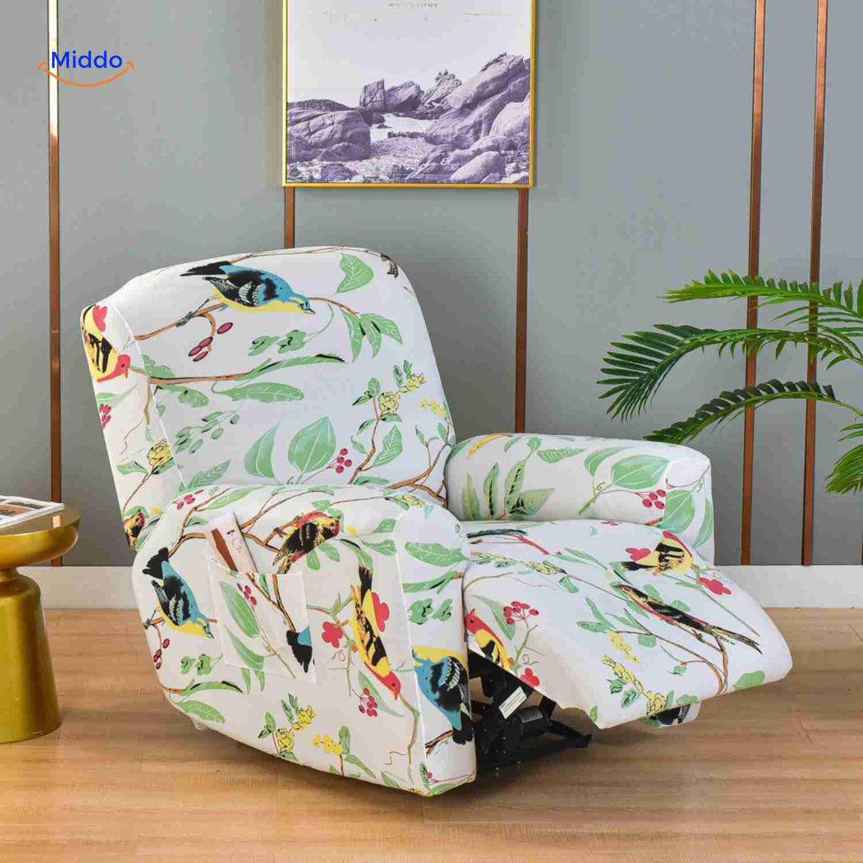Reclinex recliner cover in white with birds and leaves natural print.