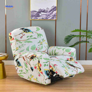 Reclinex recliner cover in white with birds and leaves natural print.
