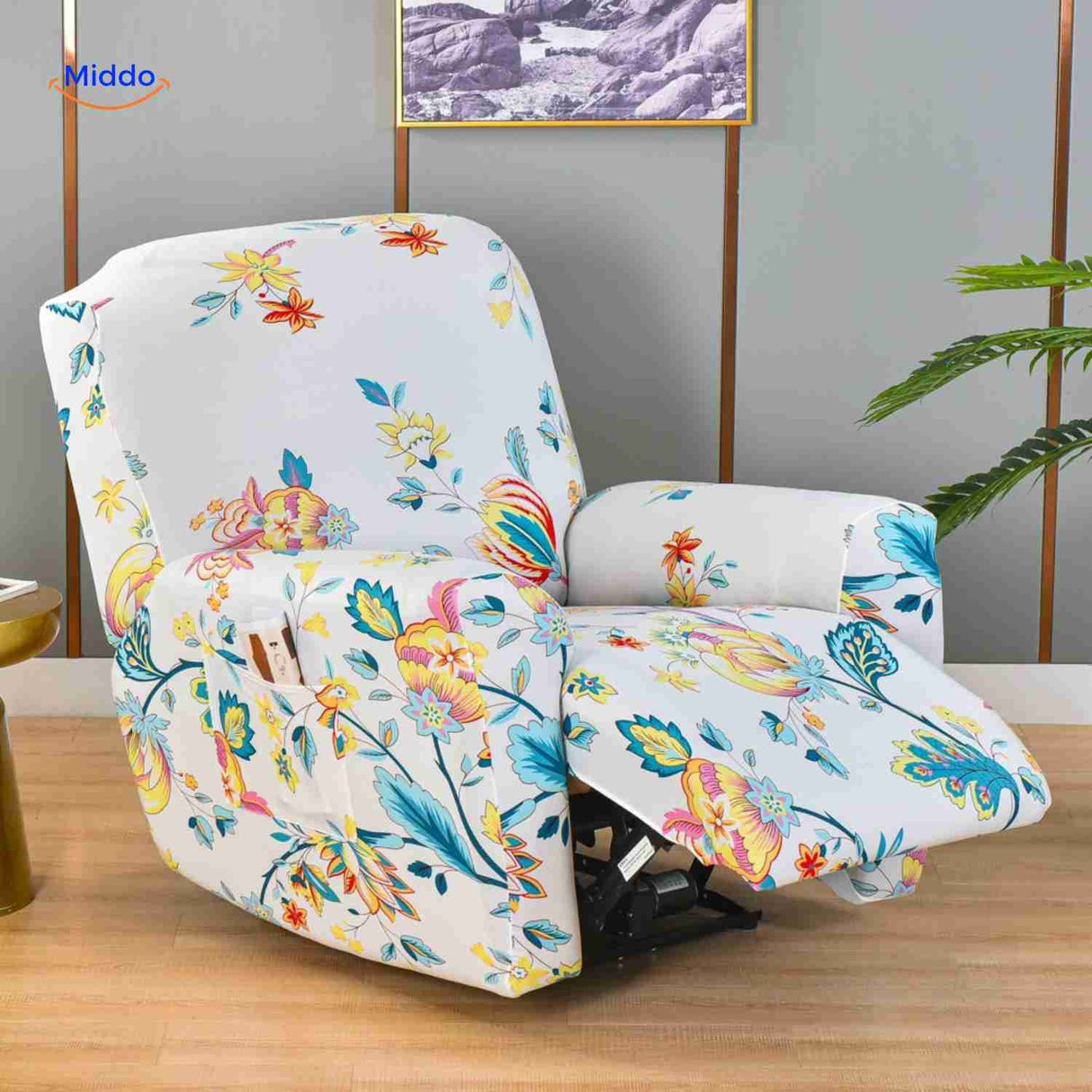 Reclinex recliner cover in white with colorful flower pattern.