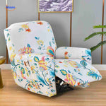 Reclinex recliner cover in white with colorful flower pattern.