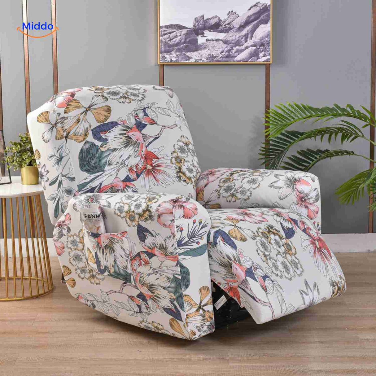 Reclinex recliner cover in white with flamingo and flower design.