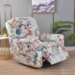 Reclinex recliner cover in white with flamingo and flower design.