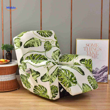 Reclinex recliner cover in white with large green monstera leaves.