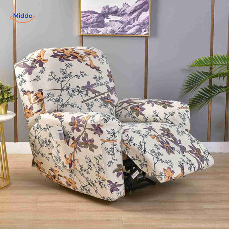 Reclinex recliner cover in white with purple and orange flowers.