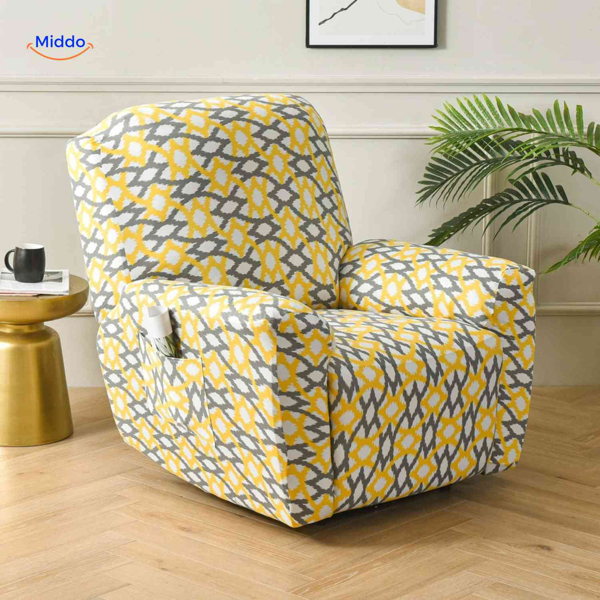 Reclinex recliner cover in yellow and gray with aztec style print.