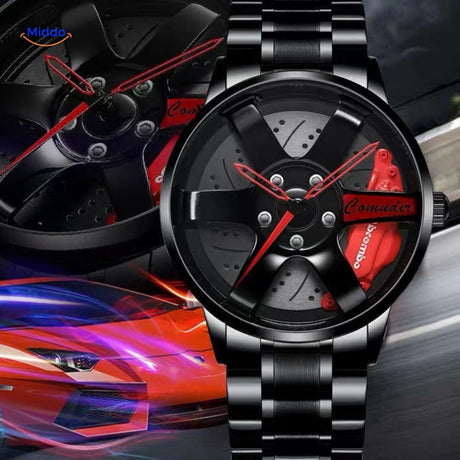 Men's automatic watch with red accent and durable leather band pairing.