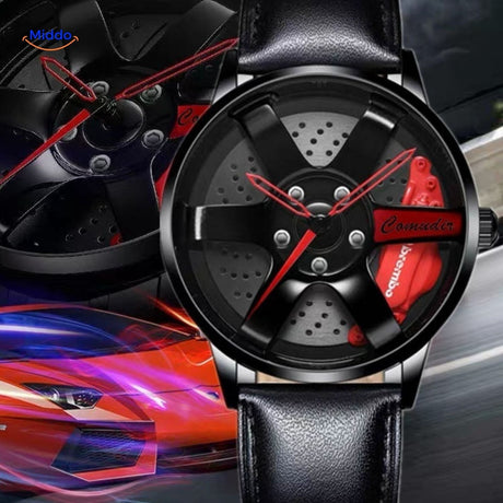 Men's automatic watch with red accents and modern mesh band design.