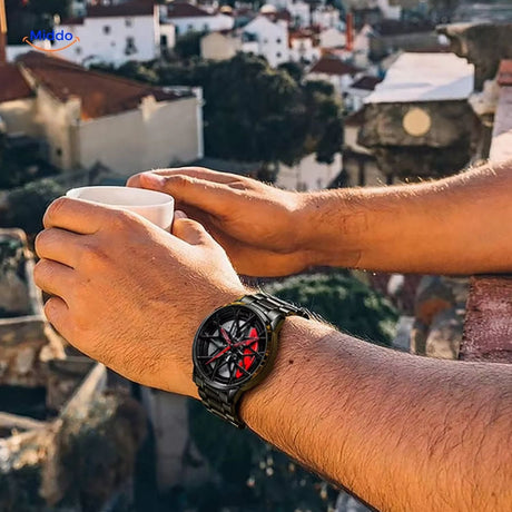 Red accent automatic watch featuring distinctive rim detail and sporty aesthetics.