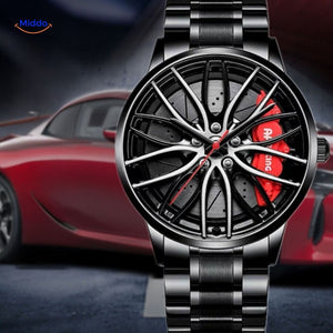 Automatic watch with red accents and premium stainless steel band finish.