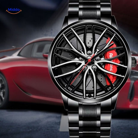 Automatic watch with red accents and premium stainless steel band finish.