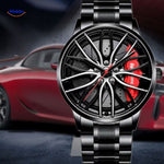 Automatic watch with red accents and premium stainless steel band finish.