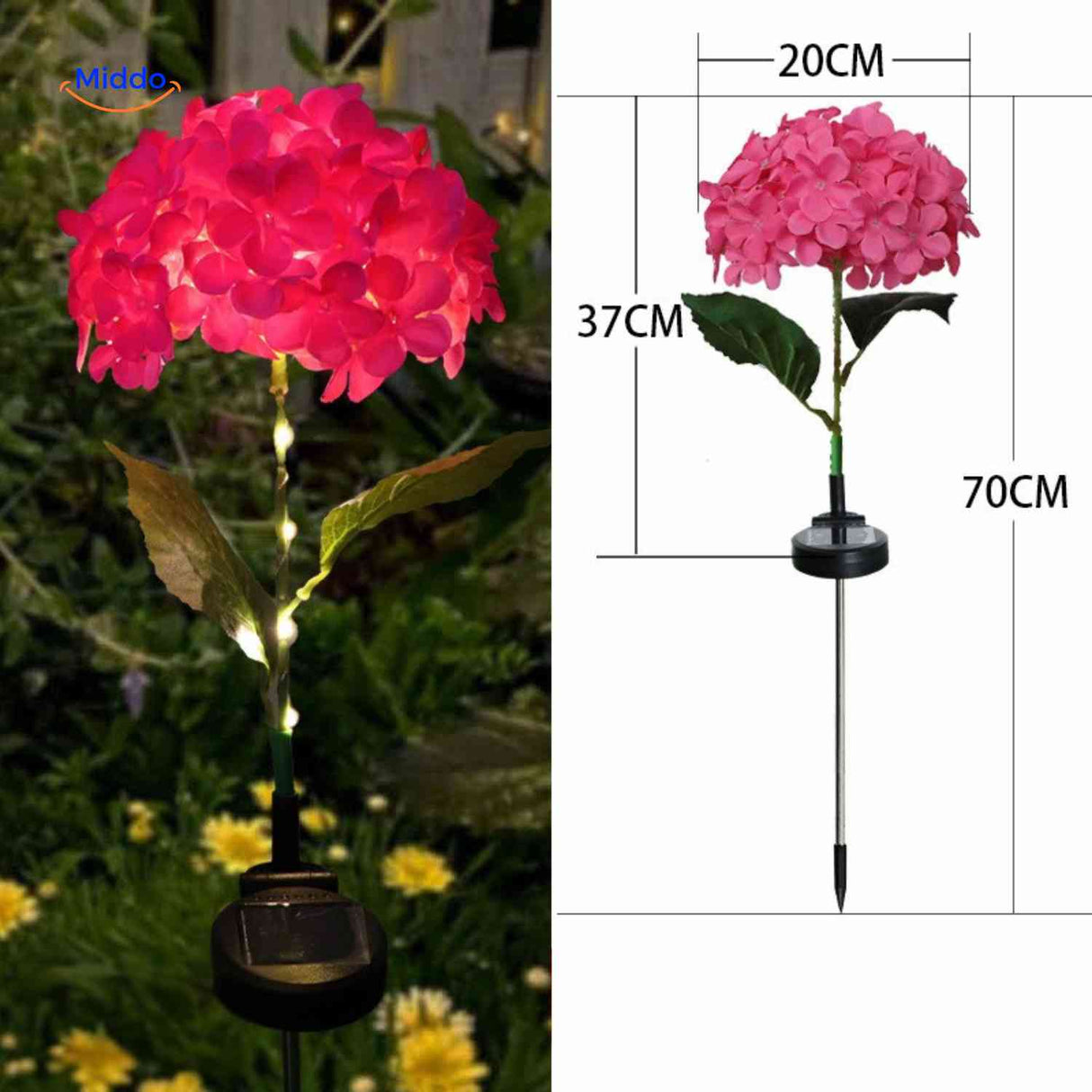 Red hydrangea solar-powered lantern standing 70cm tall for outdoor garden use.