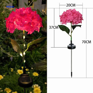 Red hydrangea solar-powered lantern standing 70cm tall for outdoor garden use.