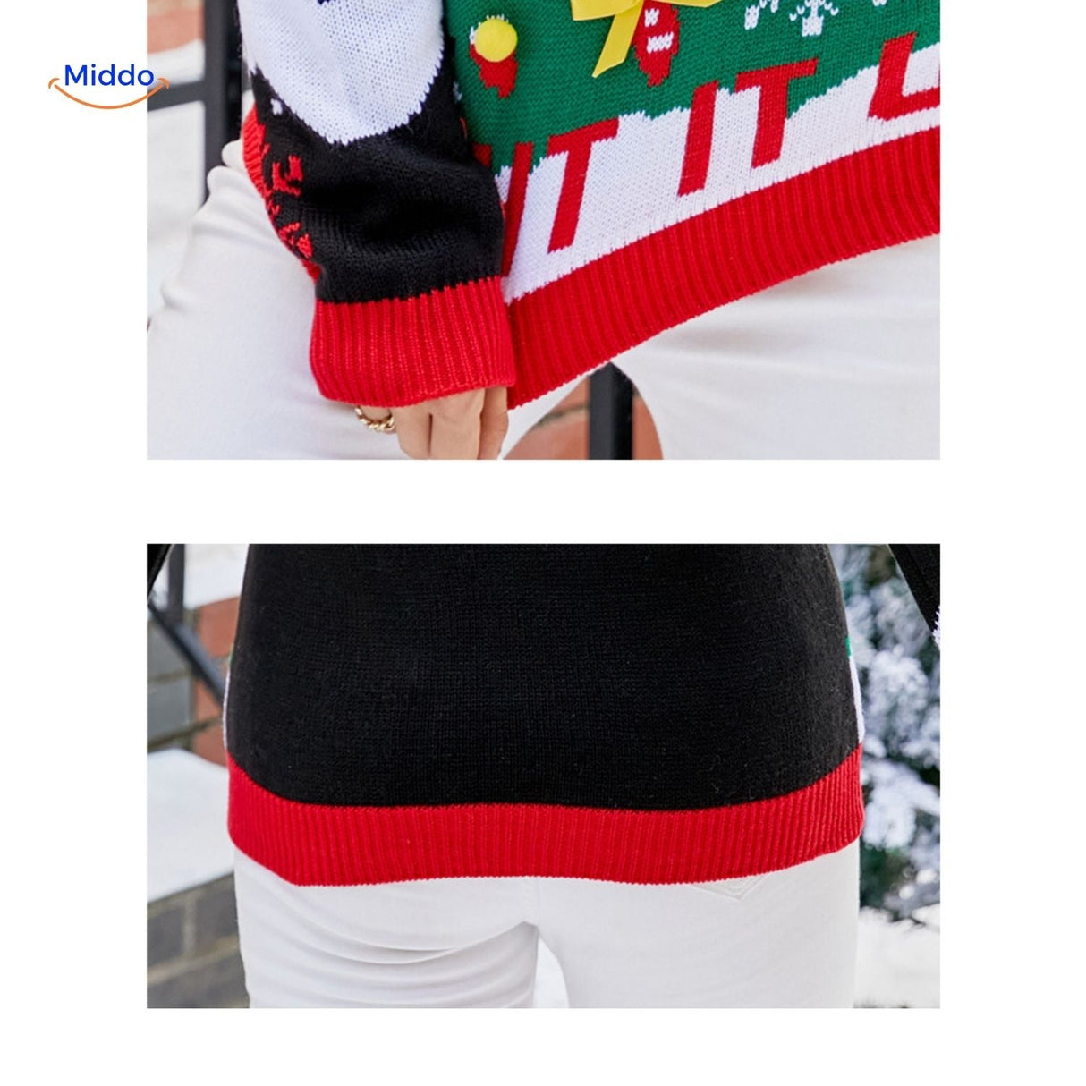 Red holiday knit sweater with detailed Christmas decoration embroidery.