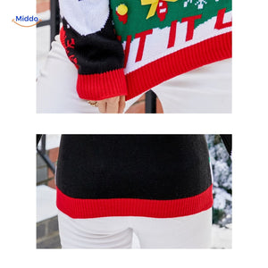 Red holiday knit sweater with detailed Christmas decoration embroidery.