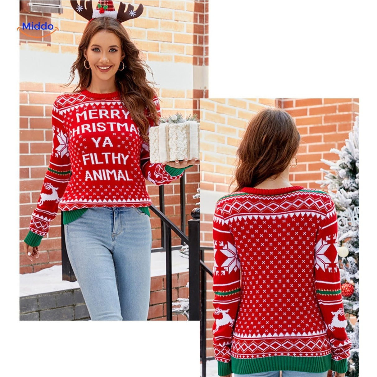 Red knit Christmas sweater with embroidered festive holiday phrase design.