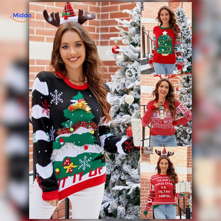 Red knit Christmas sweater featuring embroidered reindeer design detail.